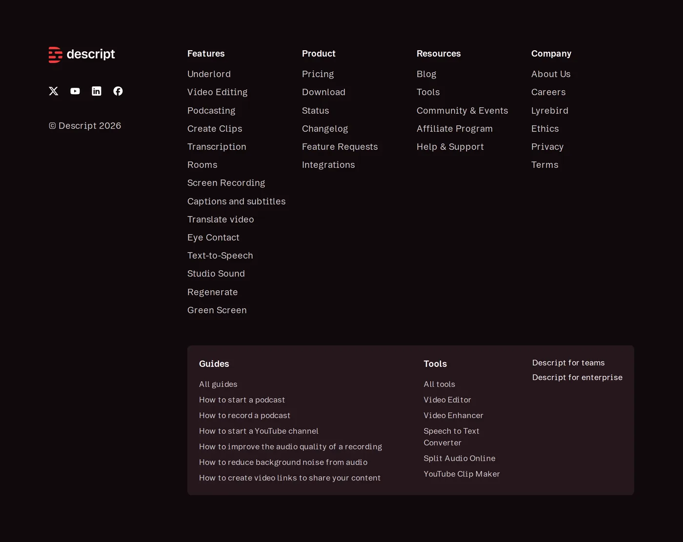 Descript — screenshot of the footer section