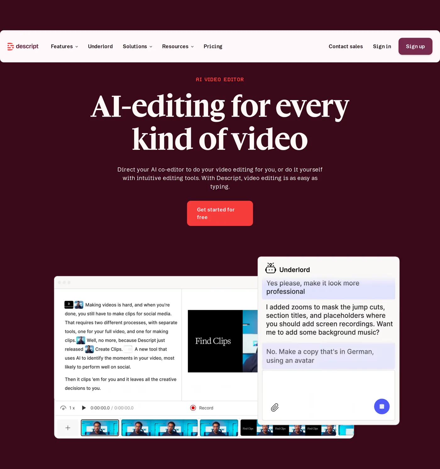 Descript — screenshot of the hero section