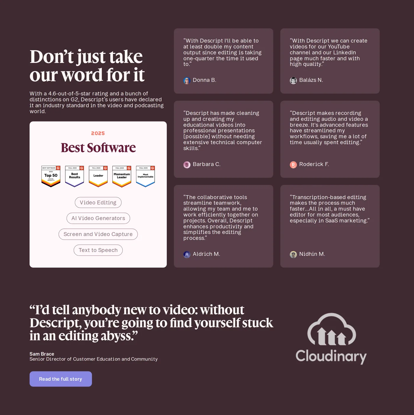 Descript — screenshot of the testimonials section