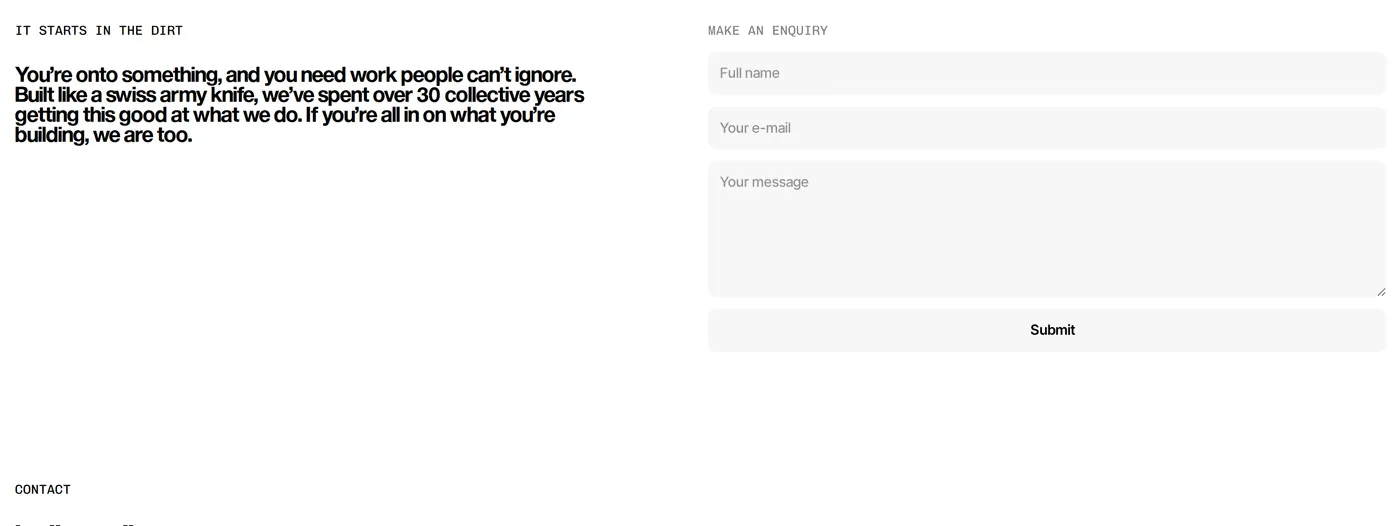Dirt — screenshot of the contact section