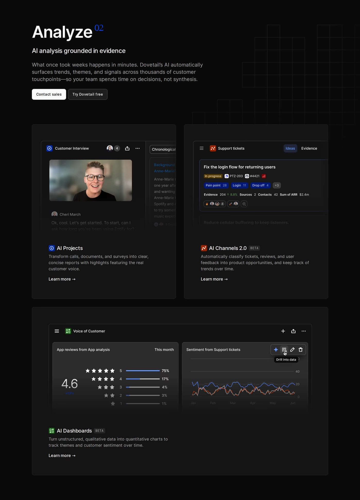 Dovetail — screenshot of the features section