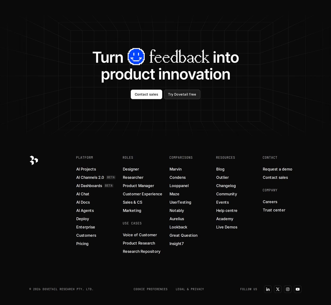 Dovetail — screenshot of the footer section