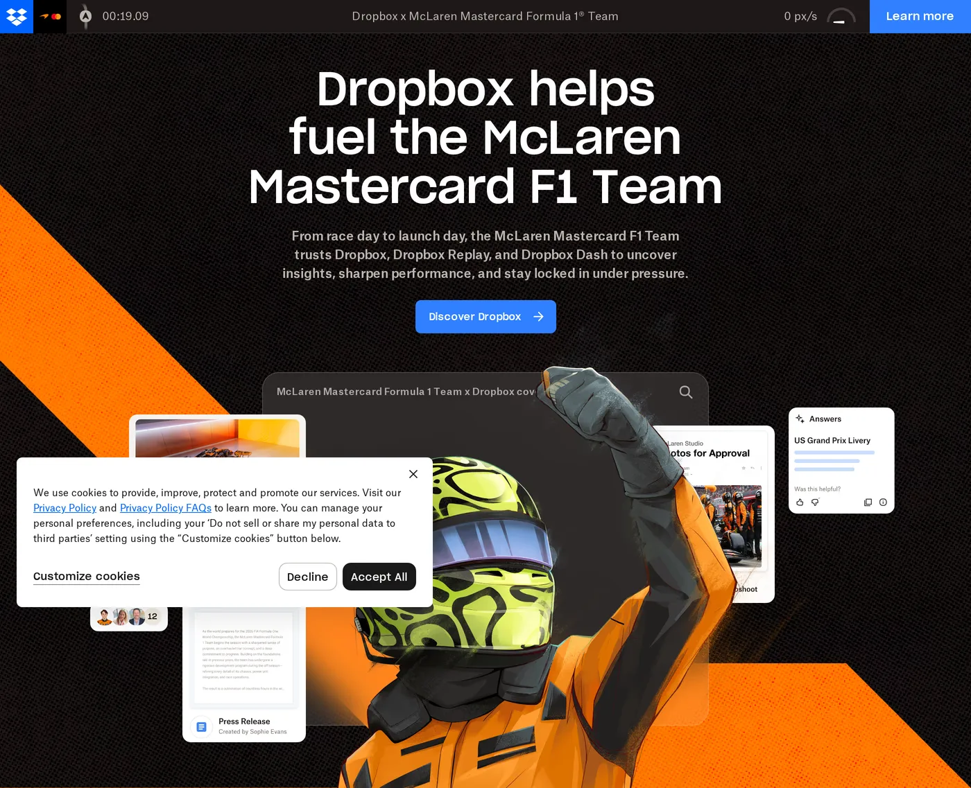 Dropbox Dash × McLaren F1 — screenshot of the hero section