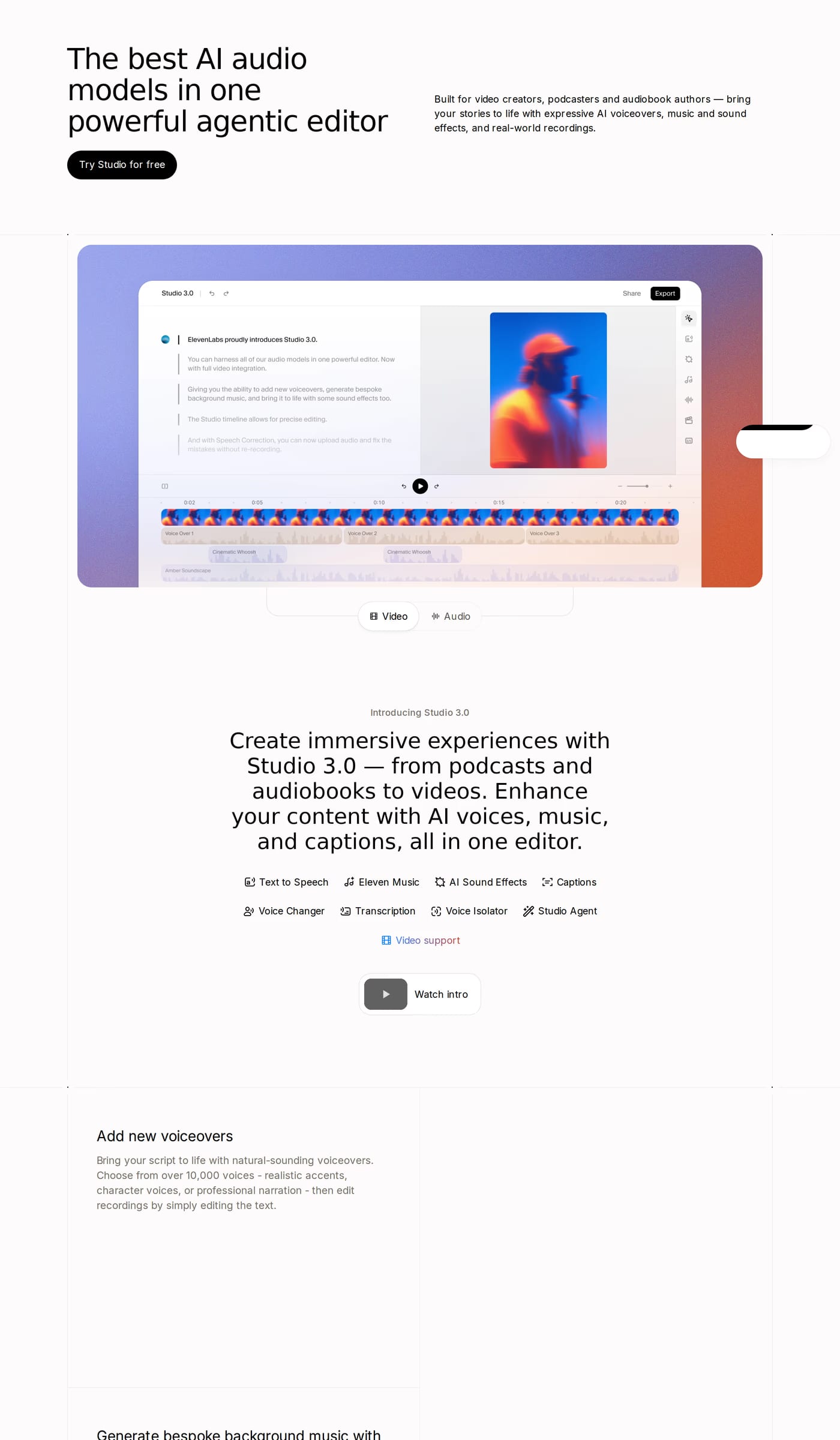 ElevenLabs Studio — screenshot of the hero section