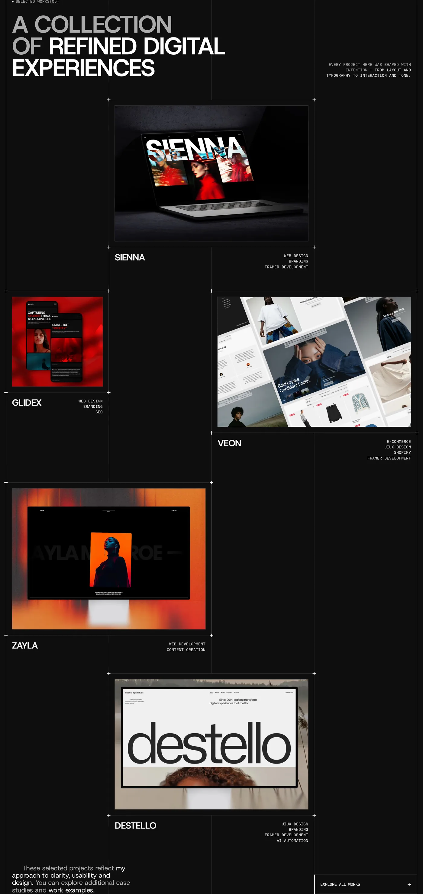 Elian Kent — screenshot of the portfolio section