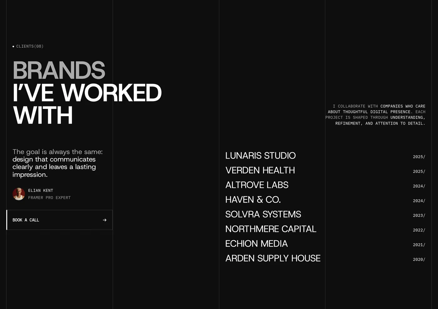 Elian Kent — screenshot of the portfolio section