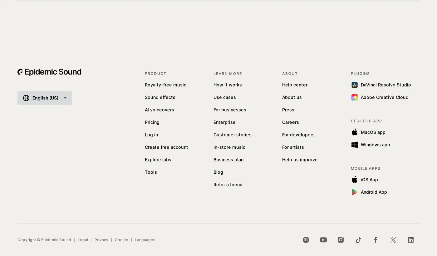 Epidemic Sound — screenshot of the footer section
