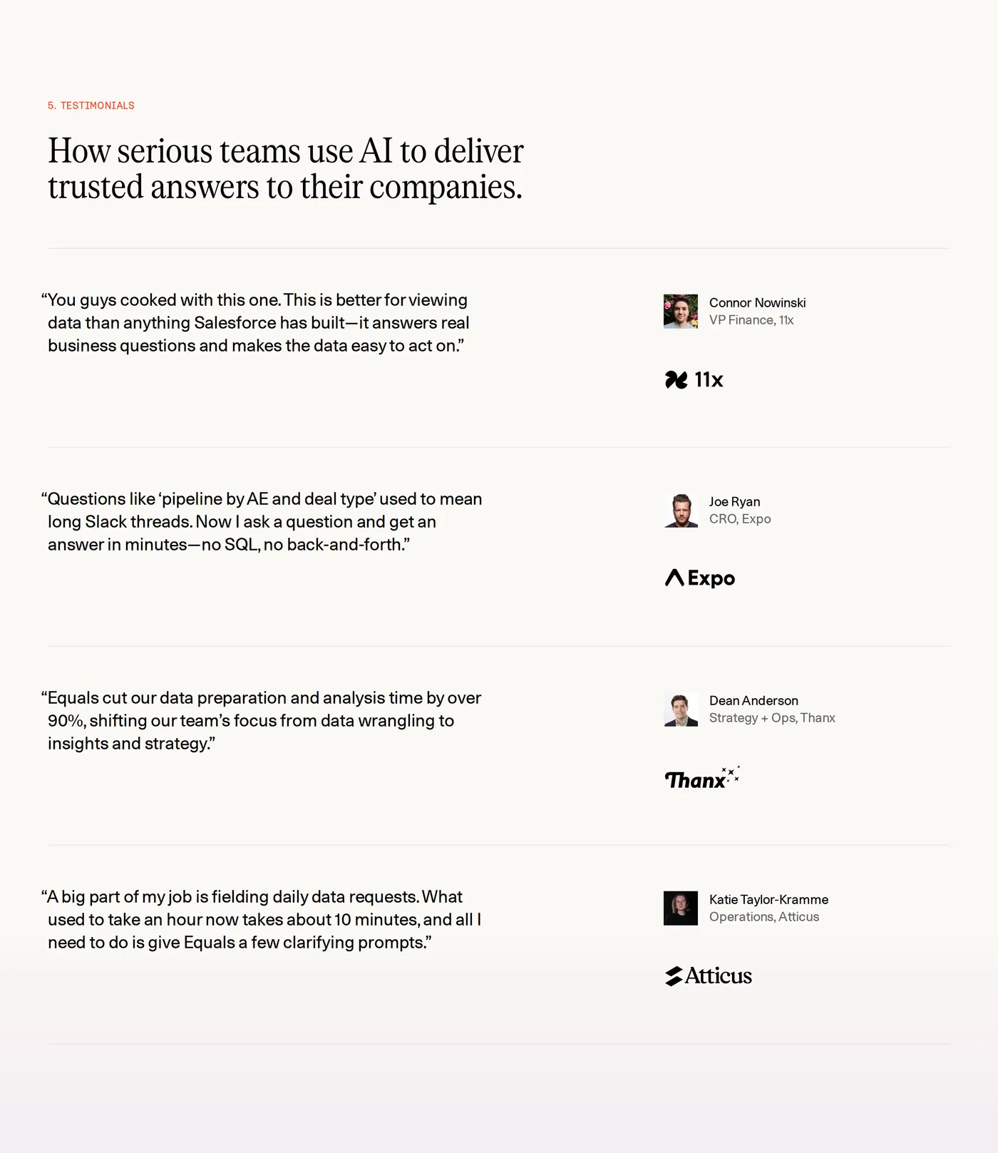 Equals — screenshot of the testimonials section