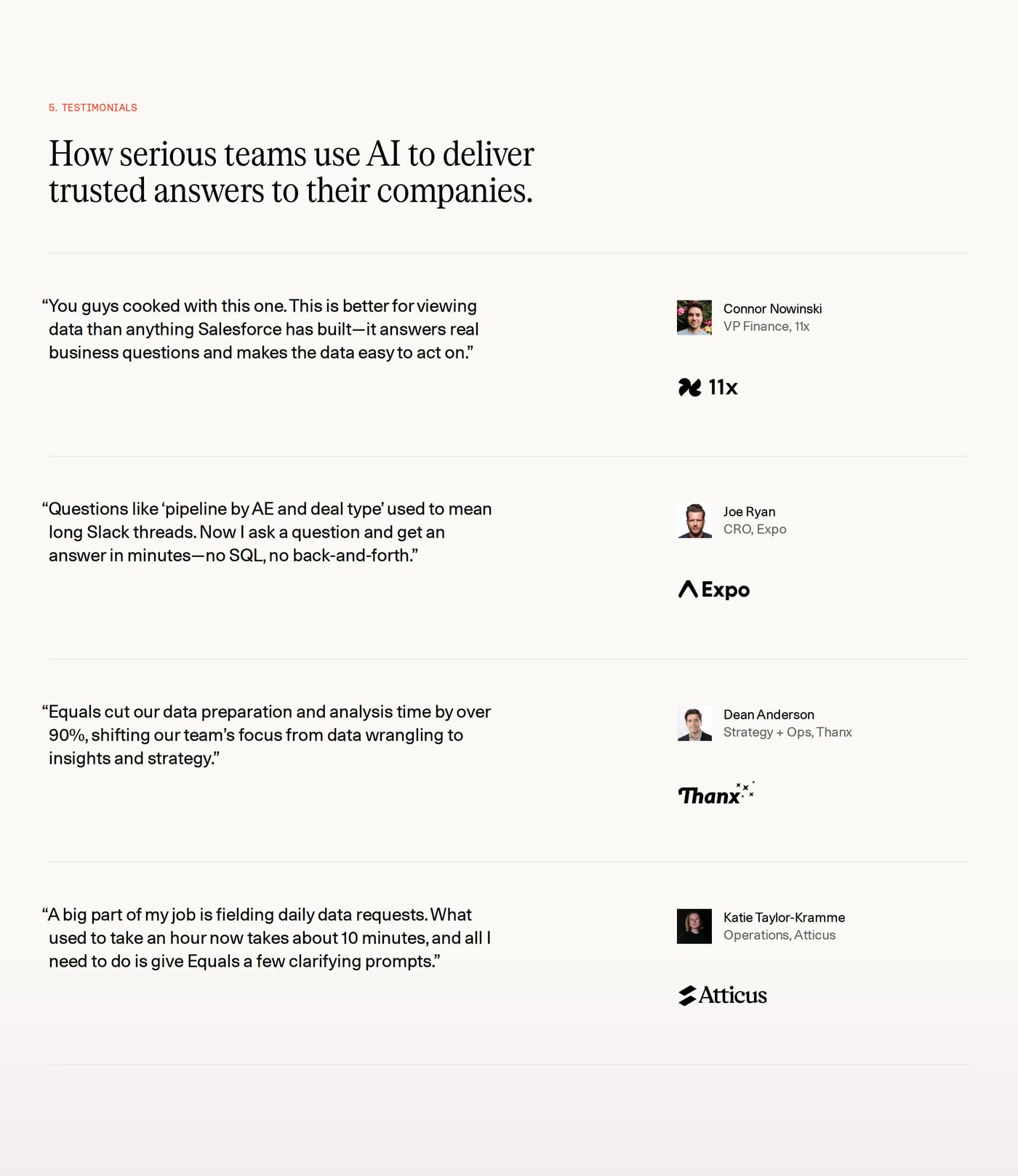 Equals Testimonials section