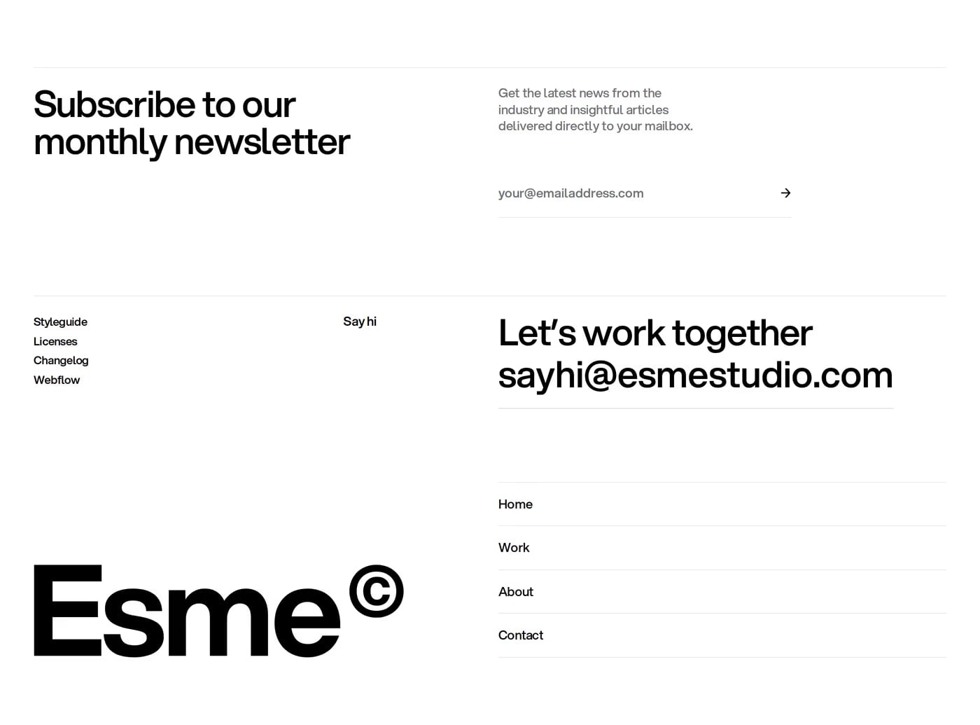 Esme — screenshot of the footer section