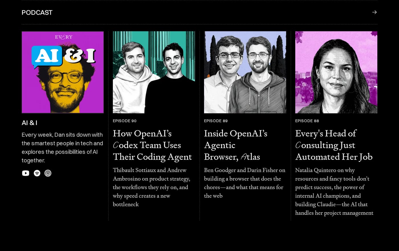 Every — screenshot of the podcast section