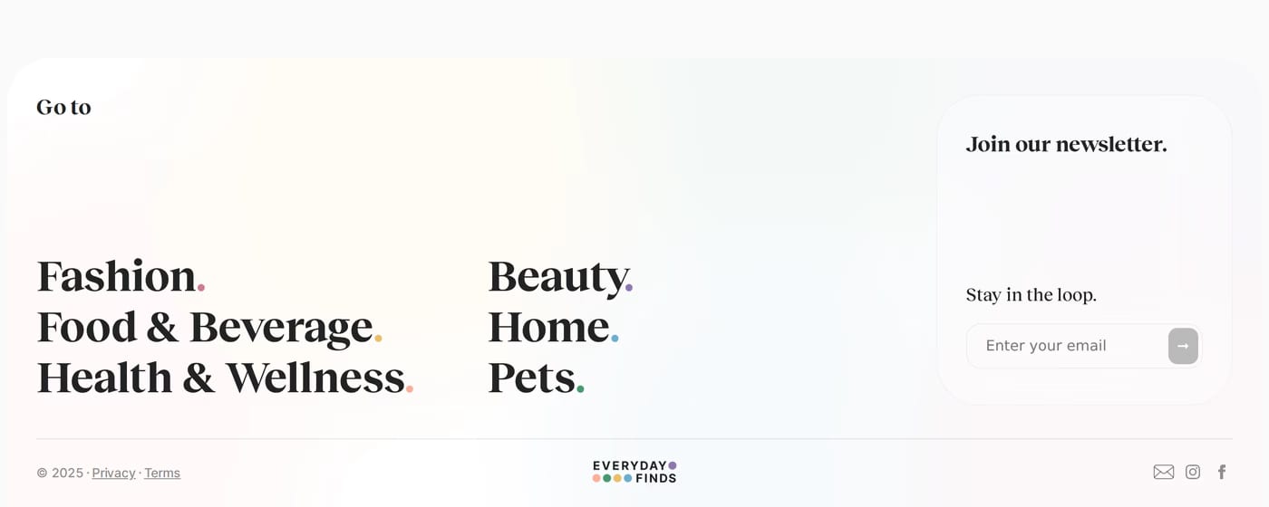 Everyday Finds — screenshot of the footer section