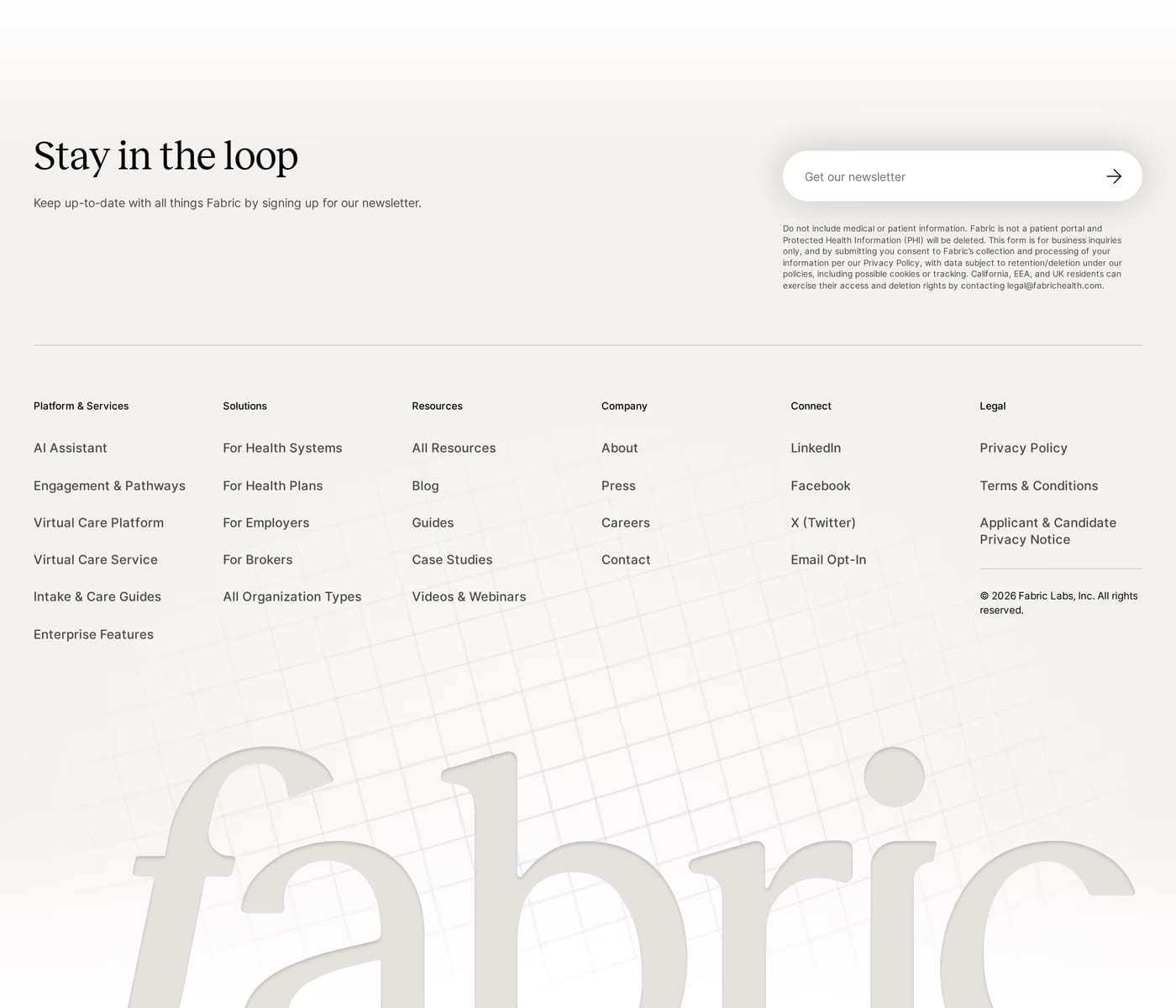 Fabric — screenshot of the footer section