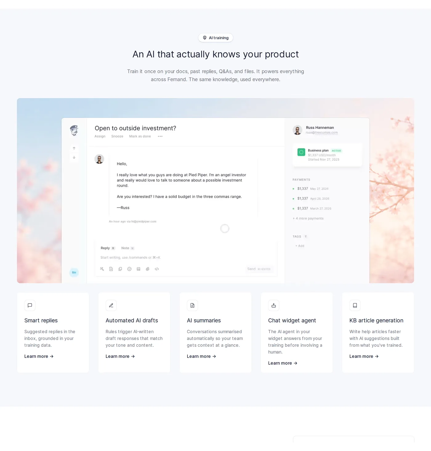 Fernand — screenshot of the features section