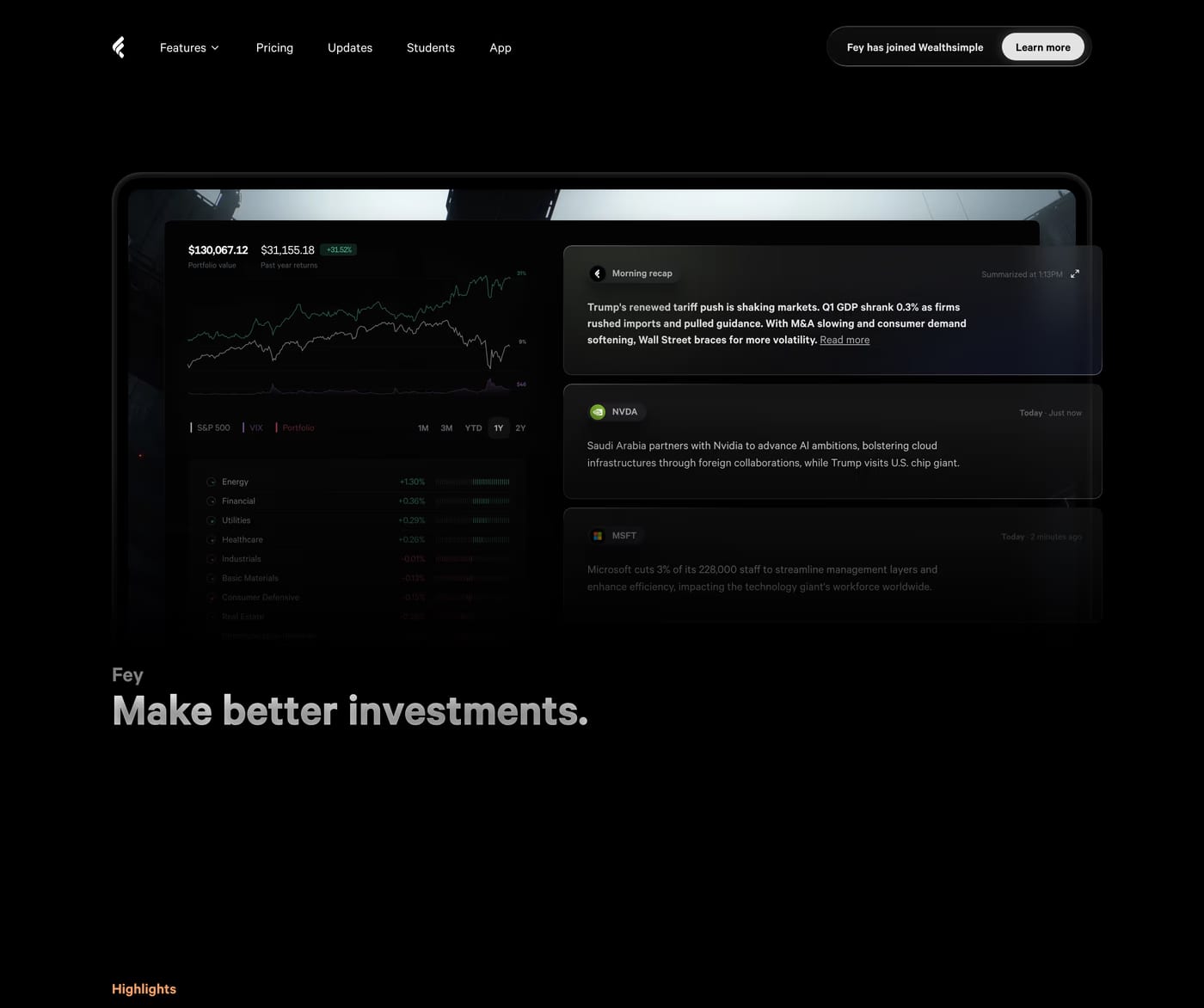 Fey — screenshot of the hero section