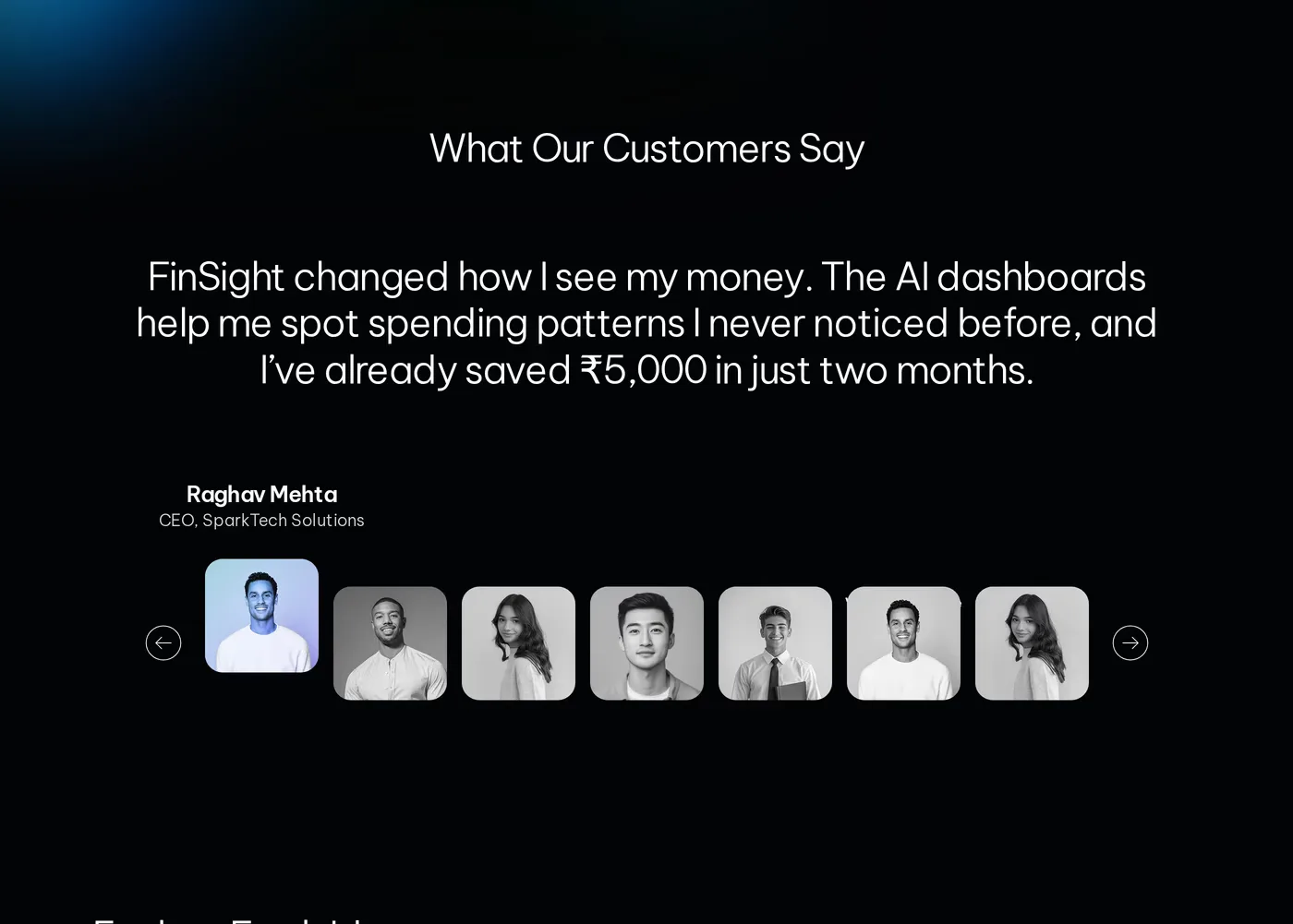 FinSight — screenshot of the testimonials section