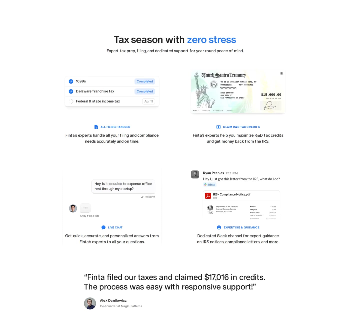 Finta — screenshot of the features section