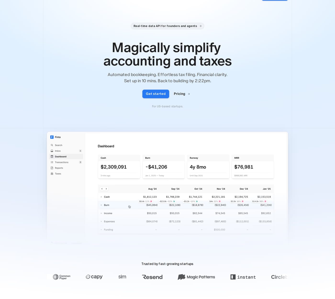 Finta — screenshot of the hero section