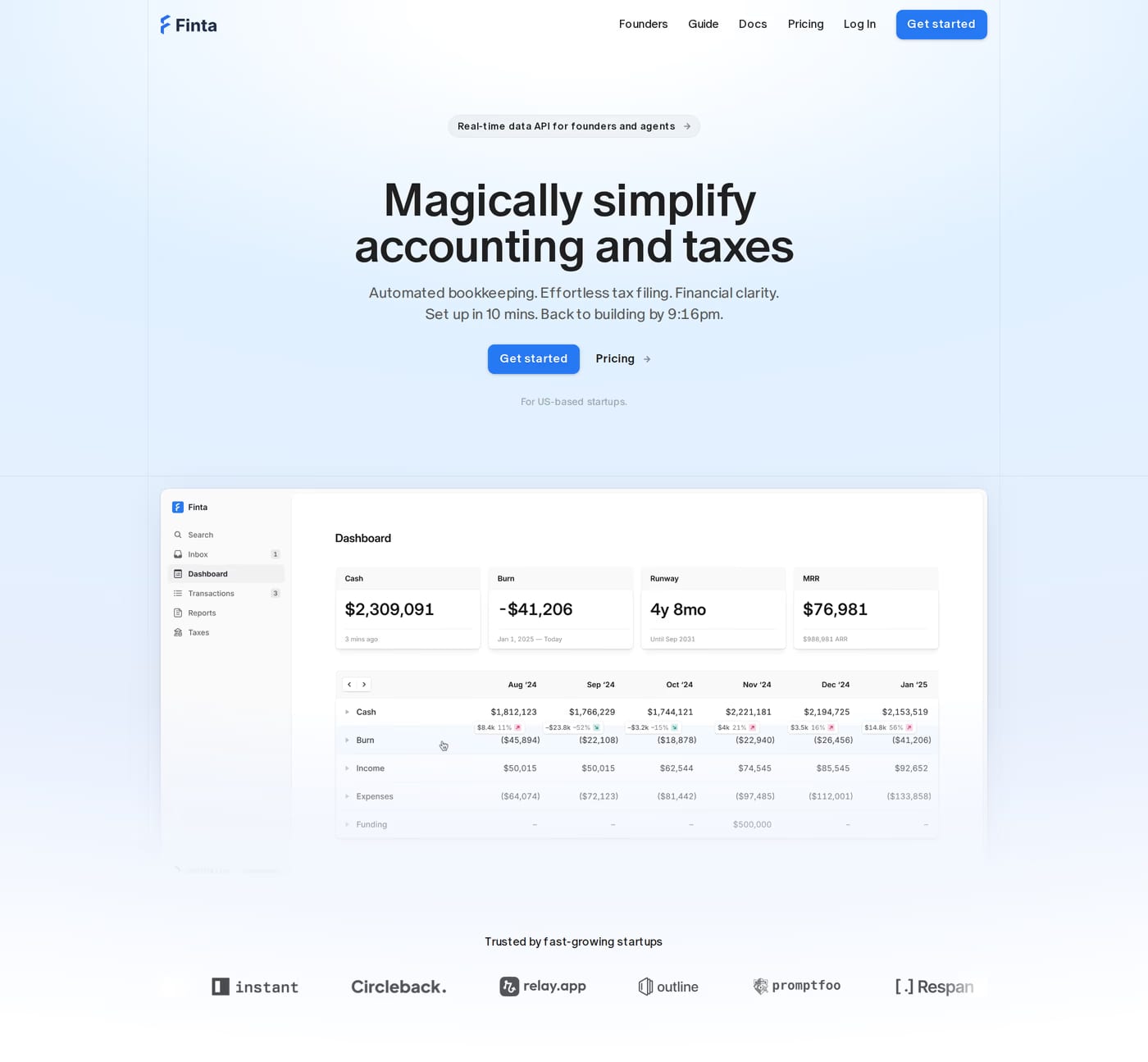 Finta — screenshot of the hero section