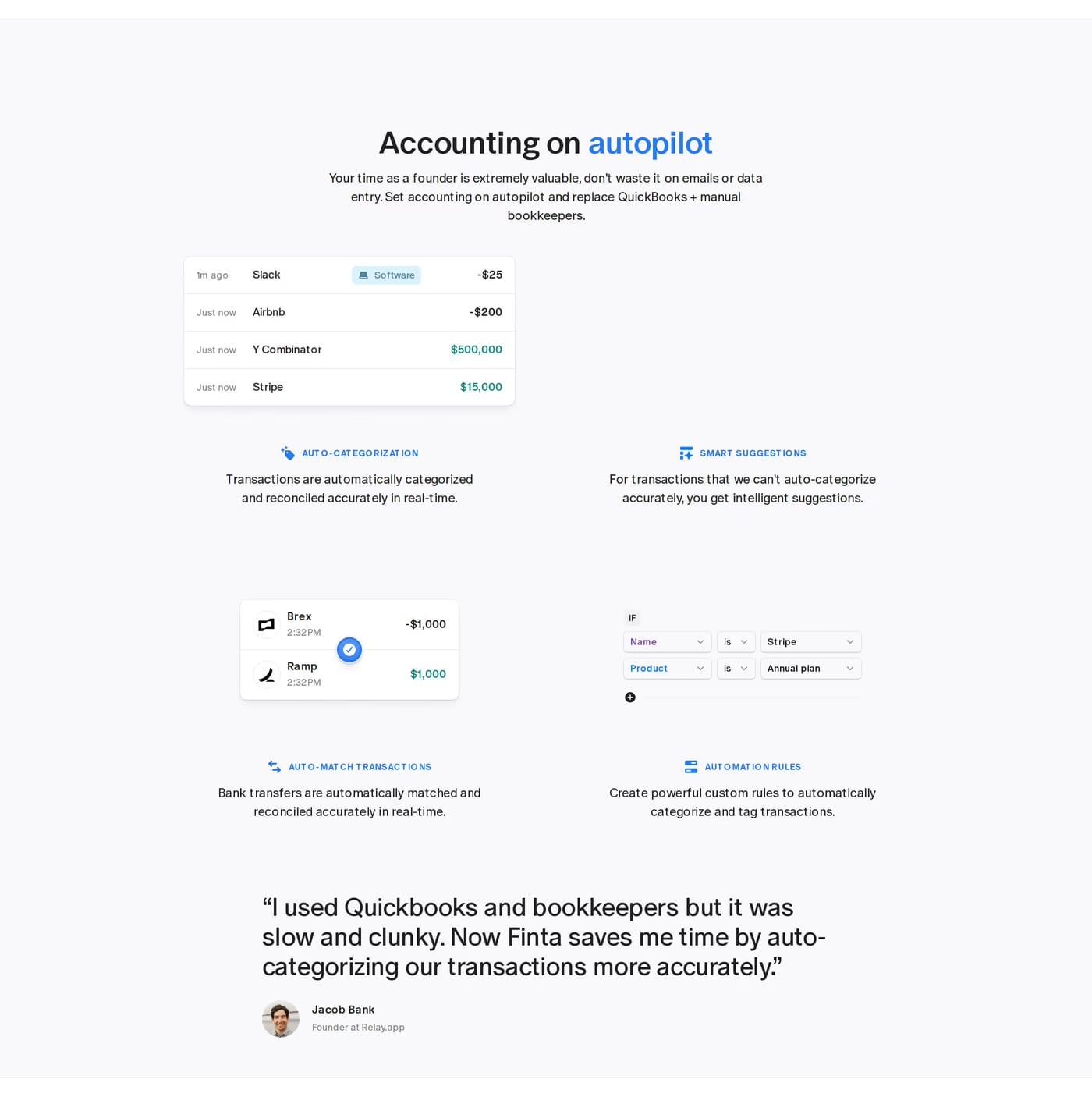 Finta — screenshot of the features section
