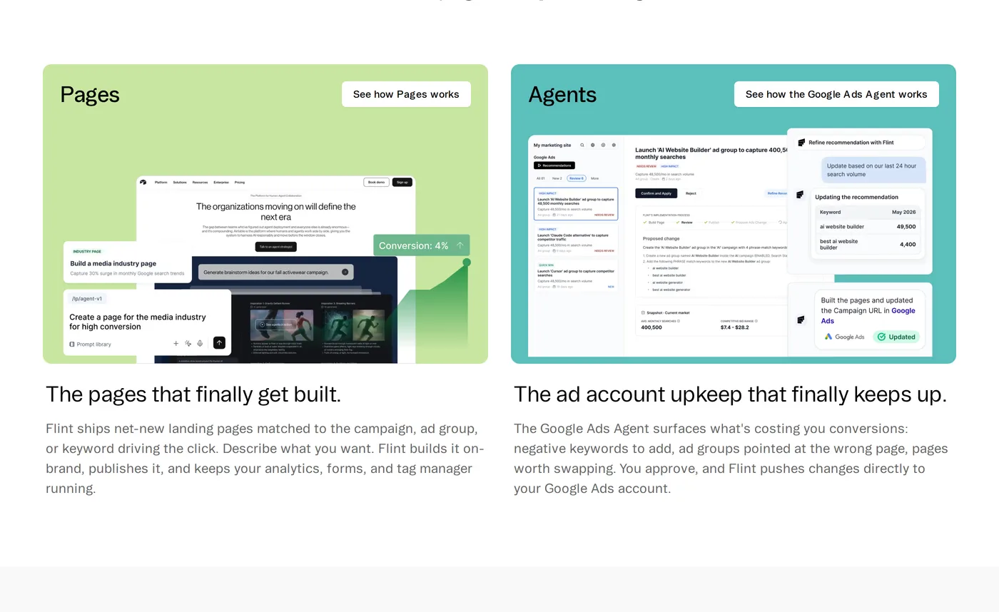 Flint — screenshot of the features section