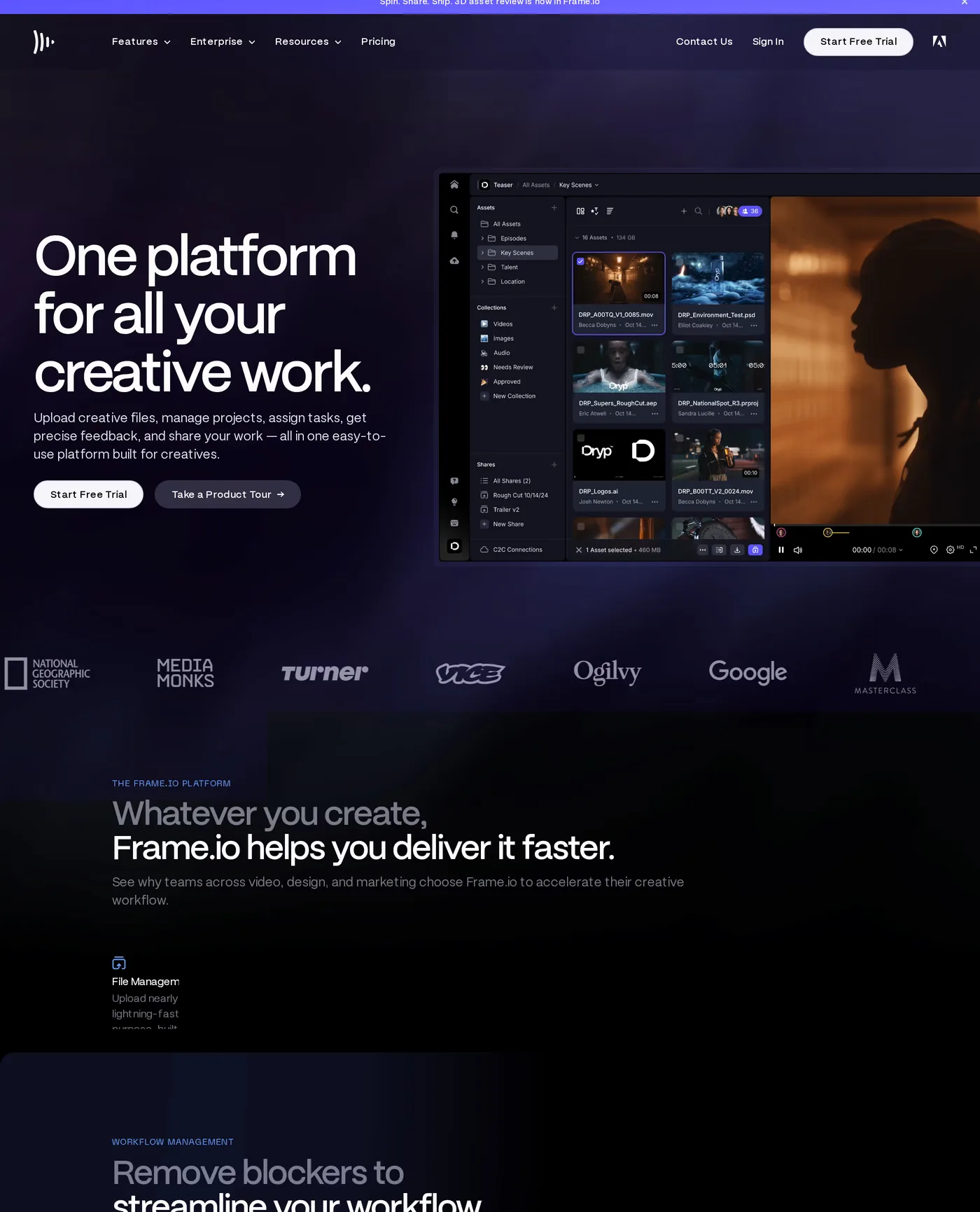 Frame.io — screenshot of the hero section