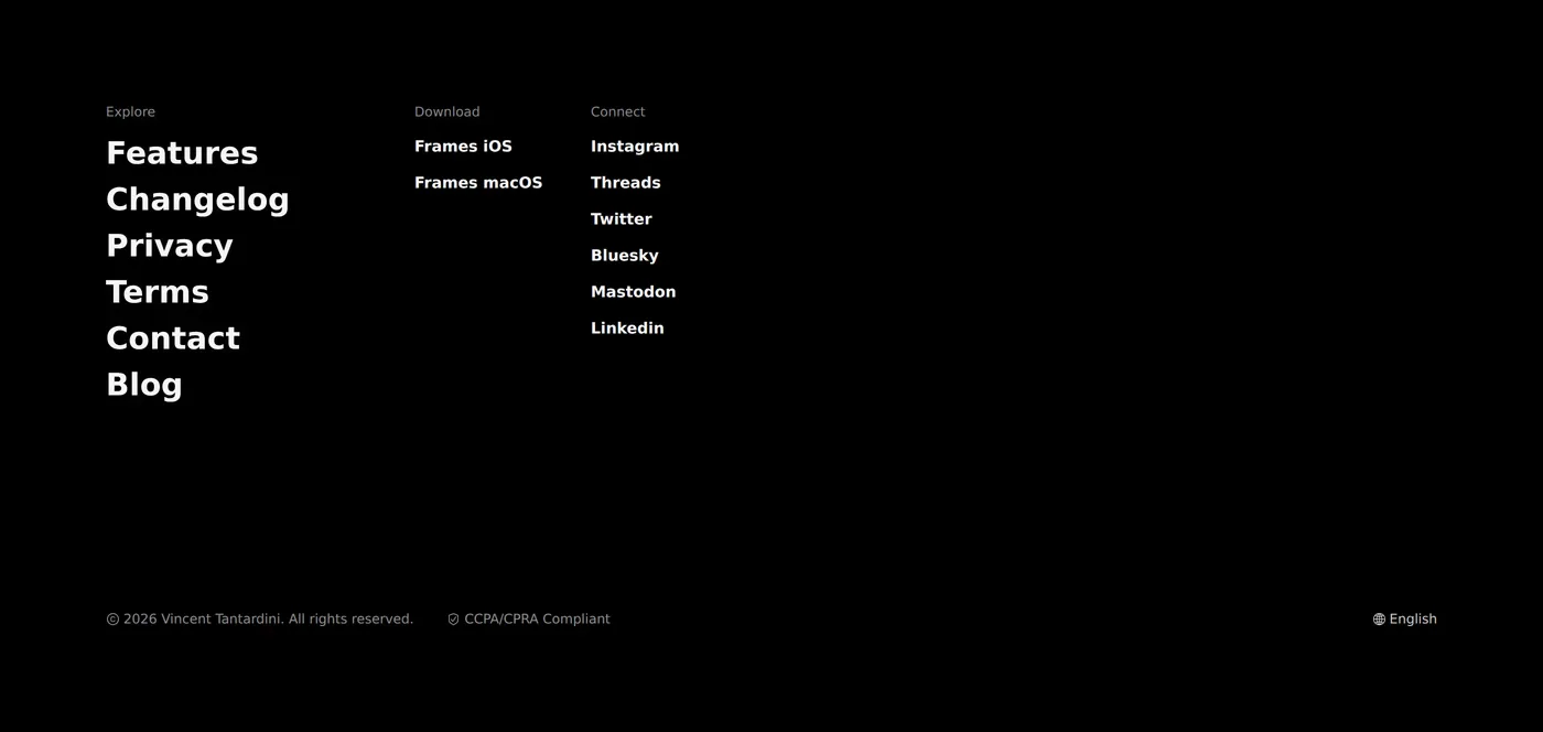 Frames — screenshot of the footer section