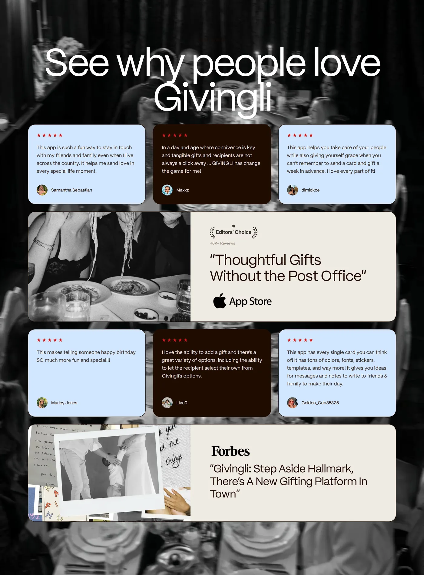 Givingli — screenshot of the testimonials section