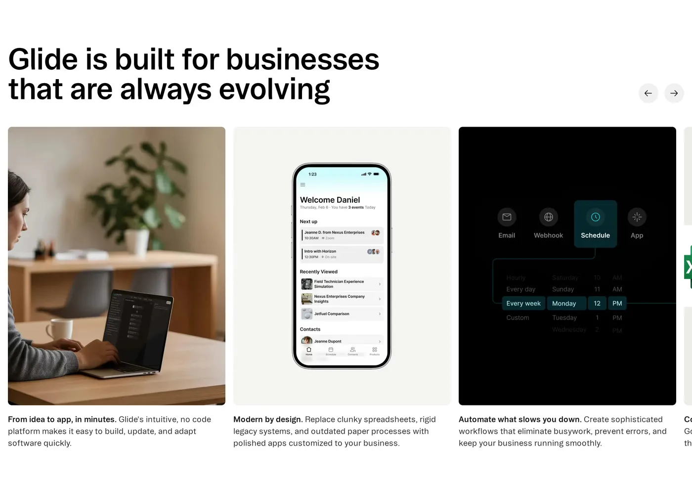 Glide — screenshot of the features section