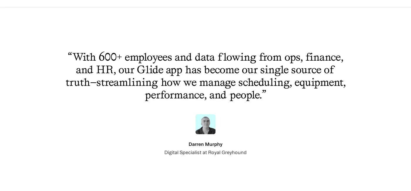 Glide — screenshot of the testimonials section