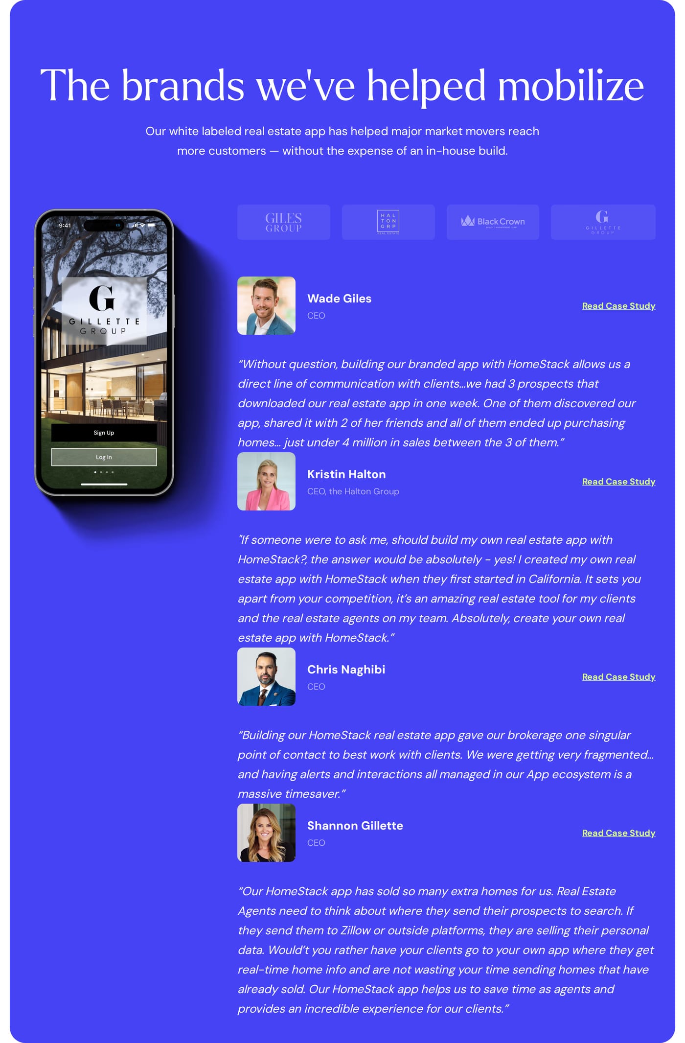 Homestack Testimonials section