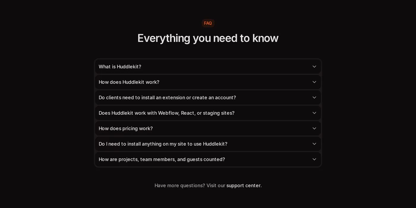 Huddlekit — screenshot of the faq section