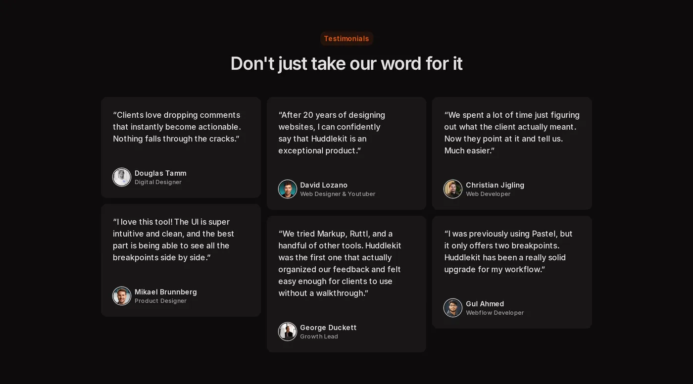 Huddlekit — screenshot of the testimonials section