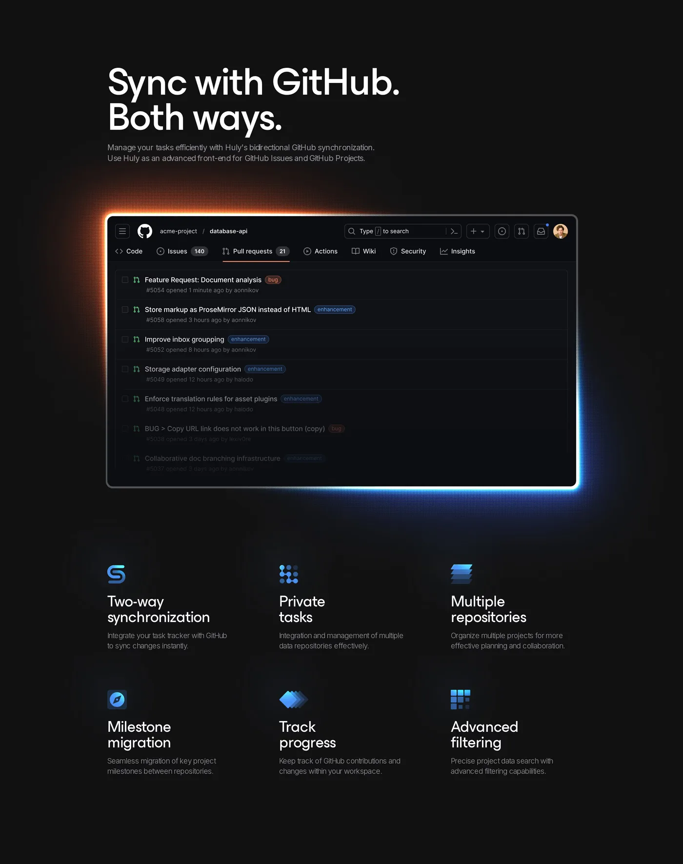 Huly — screenshot of the features section