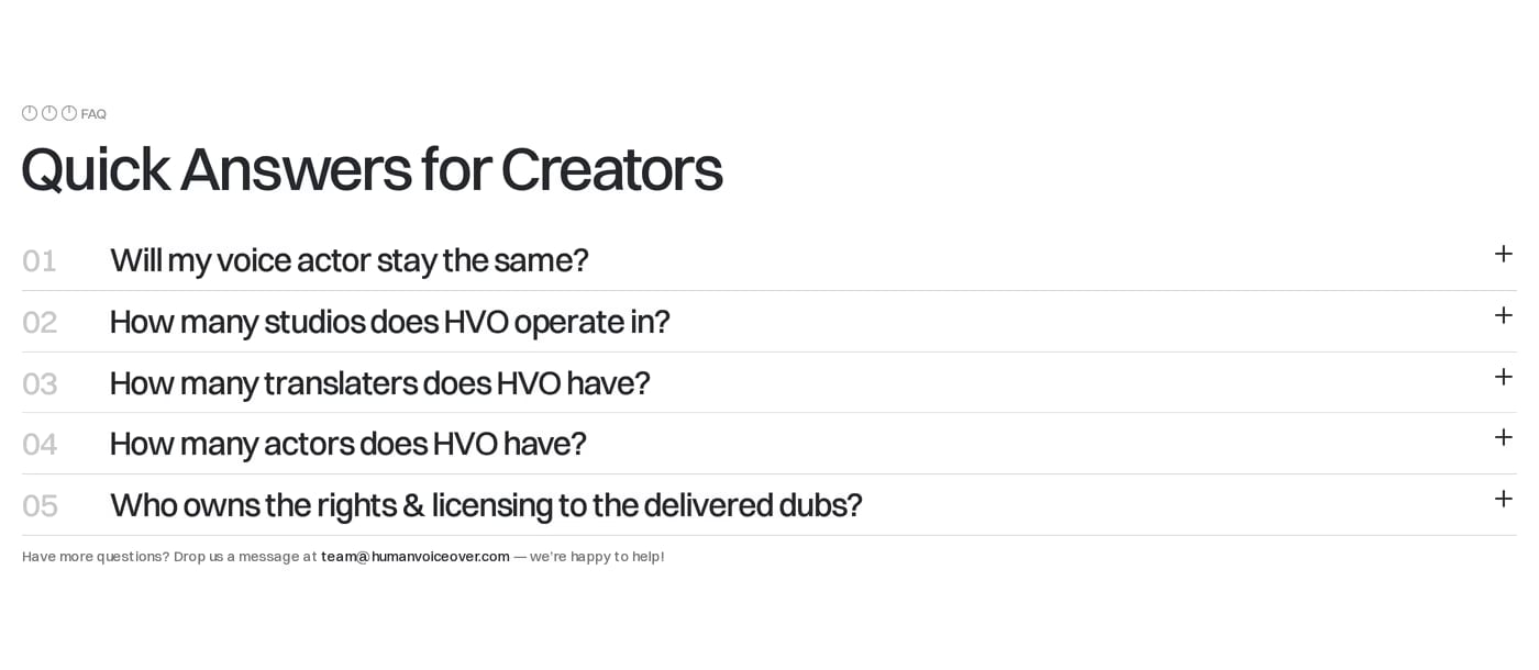 Human Voice Over — screenshot of the faq section