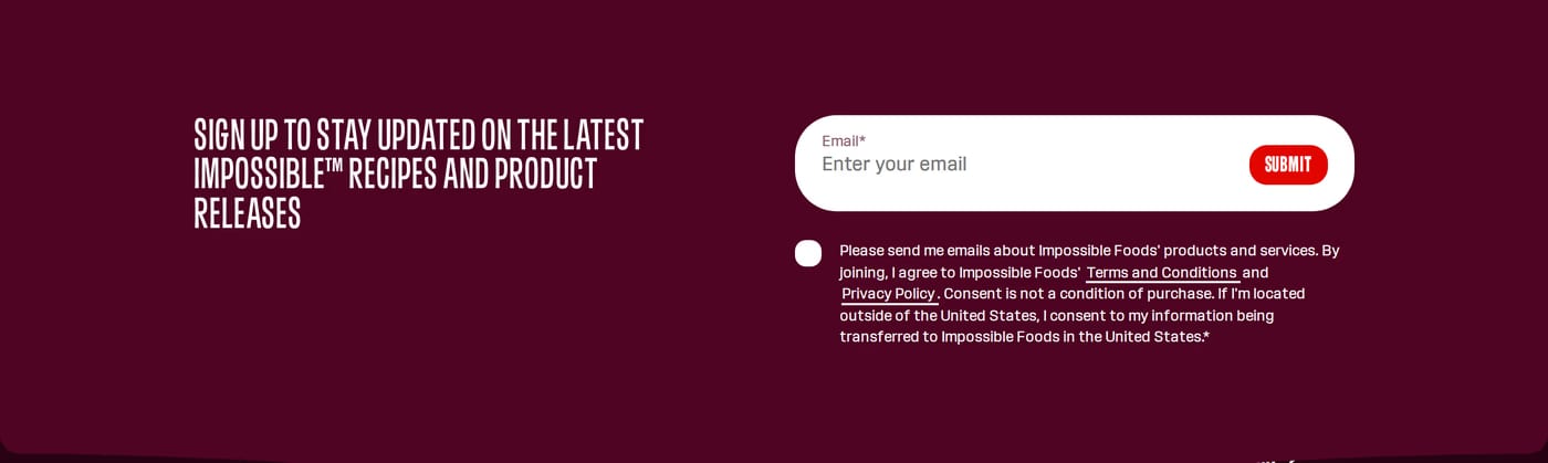 Impossible Foods — screenshot of the call to action section