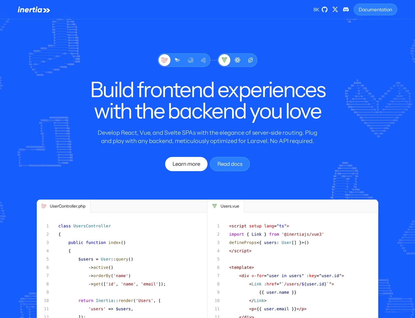 Inertia.js — screenshot of the hero section