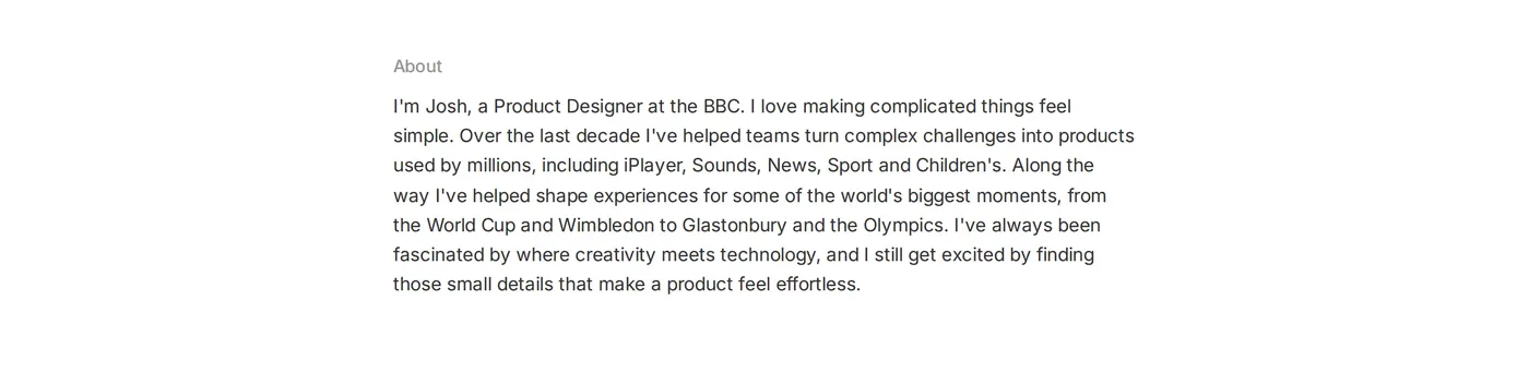 Josh Dring — screenshot of the about section