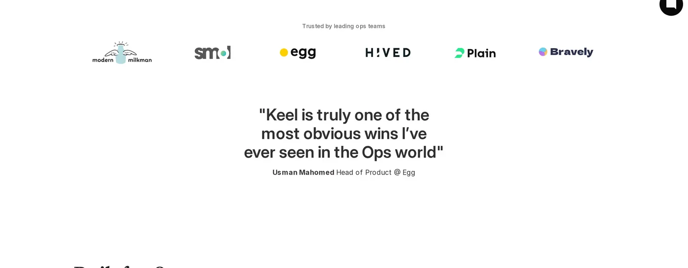 Keel — screenshot of the testimonials section