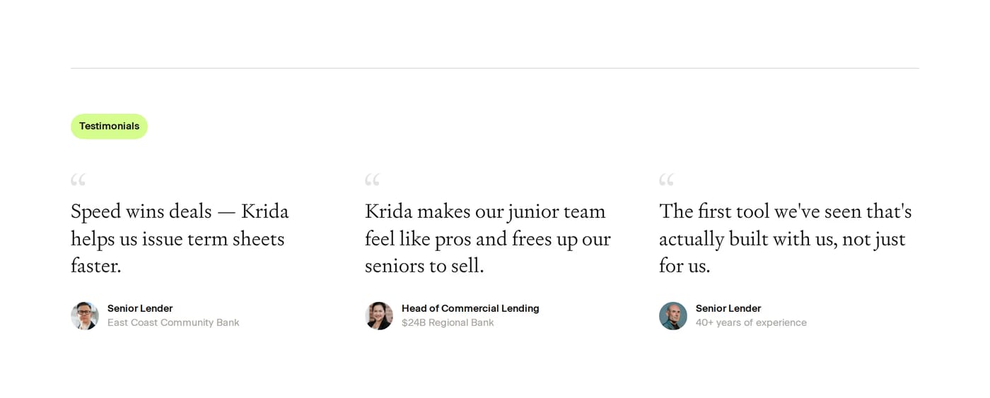 Krida — screenshot of the testimonials section