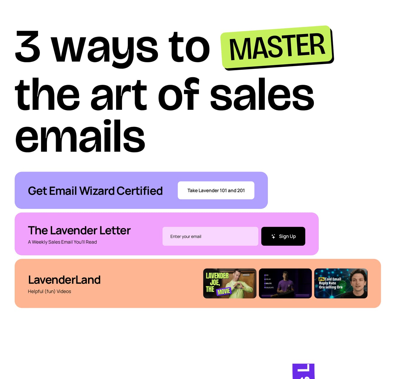 Lavender — screenshot of the features section