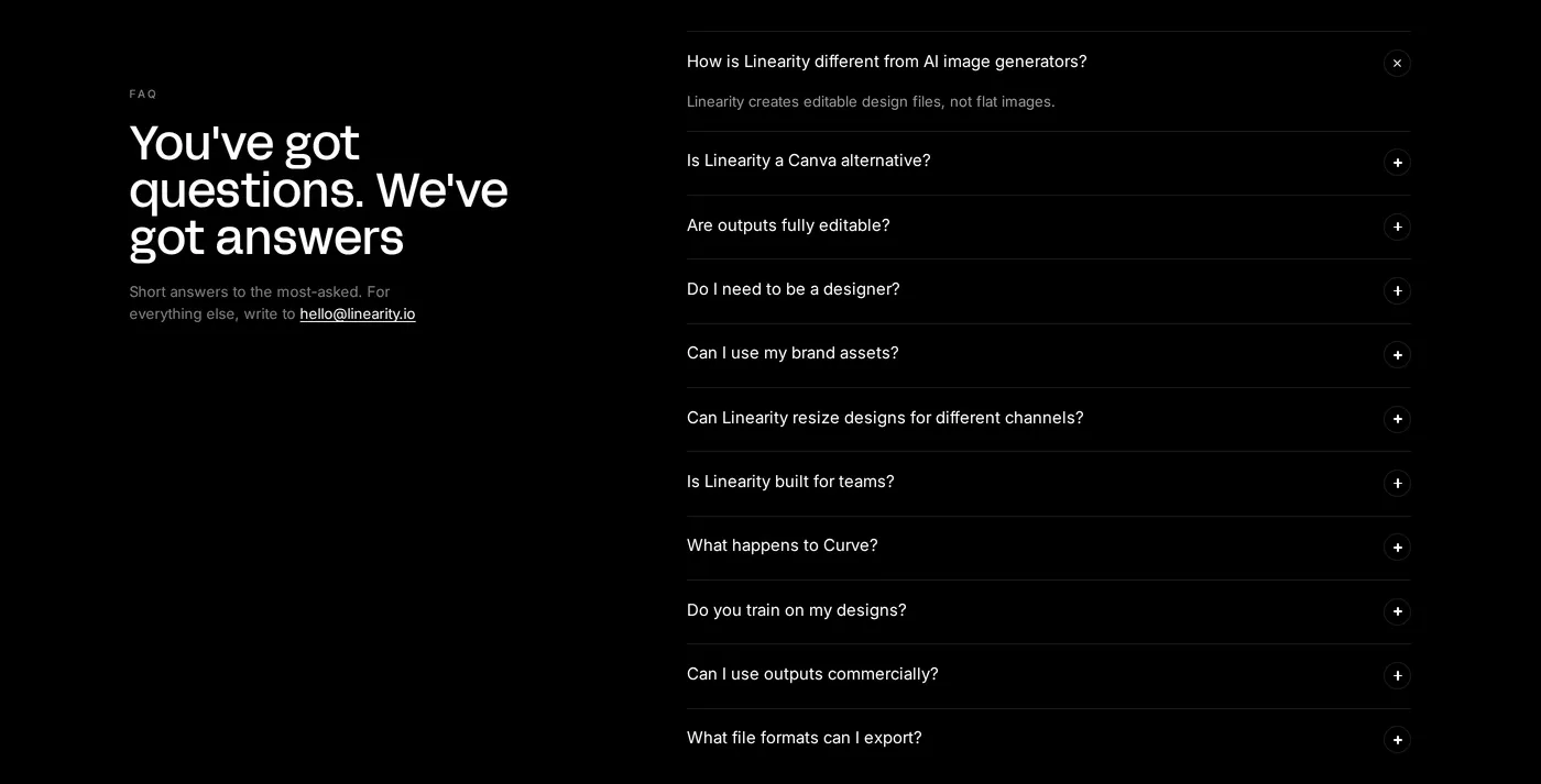 Linearity — screenshot of the faq section