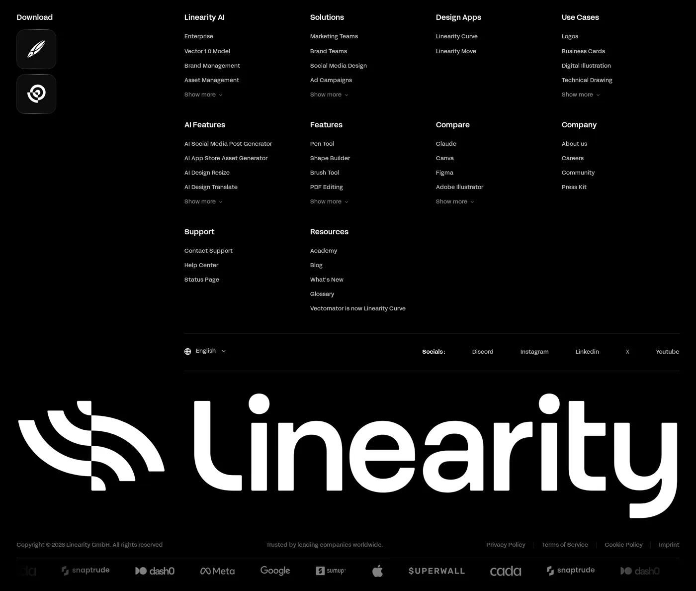 Linearity — screenshot of the footer section