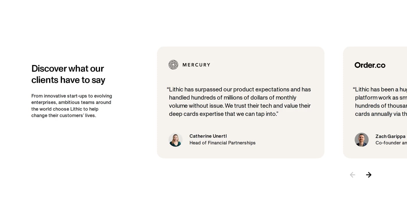 Lithic — screenshot of the testimonials section