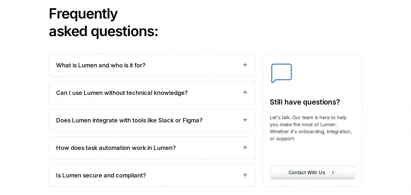 Lumen — screenshot of the faq section