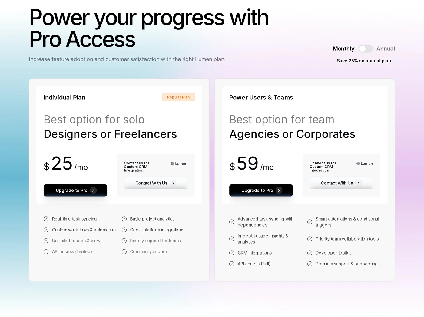 Lumen — screenshot of the pricing section