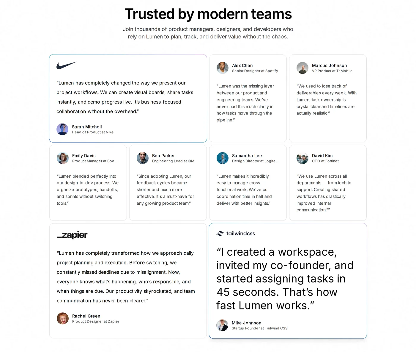 Lumen — screenshot of the testimonials section