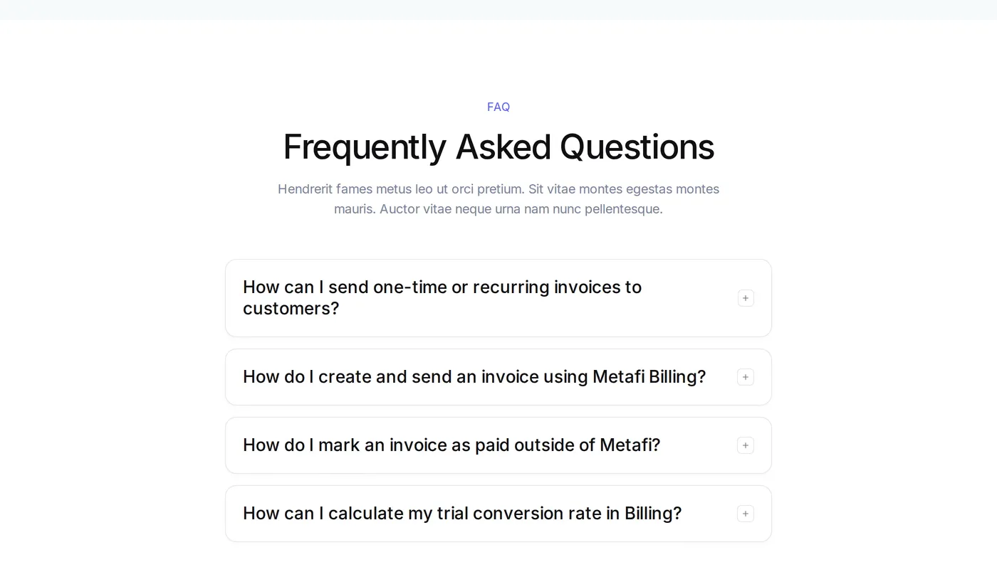 Metafi — screenshot of the faq section