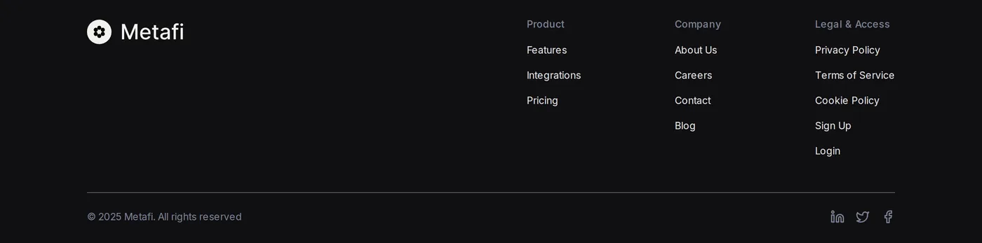 Metafi — screenshot of the footer section