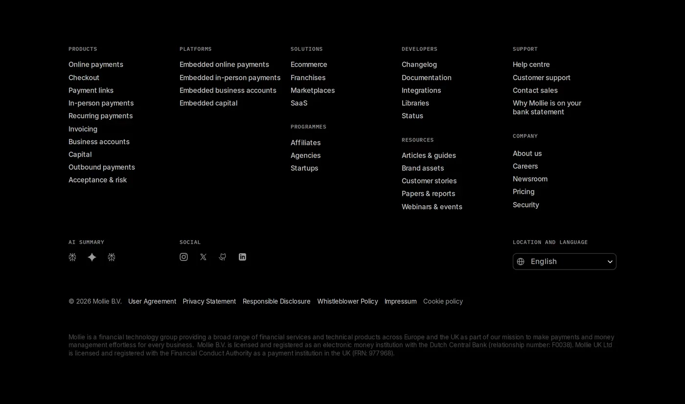 Mollie — screenshot of the footer section